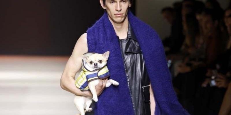 Un modelo en la Mercedes-Benz Fashion Week Madrid con un perro con la propuesta creativa de Erroz