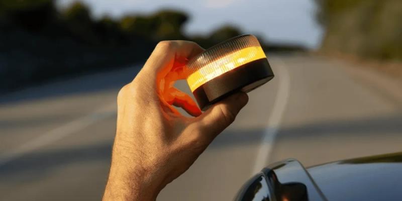 Un conductor coloca la baliza V16 en su coche.