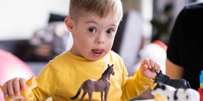 niño feliz que vive con síndrome de Down jugando con juguetes de animales en casa. Desarrollando la creatividad, mostrando expresiones faciales