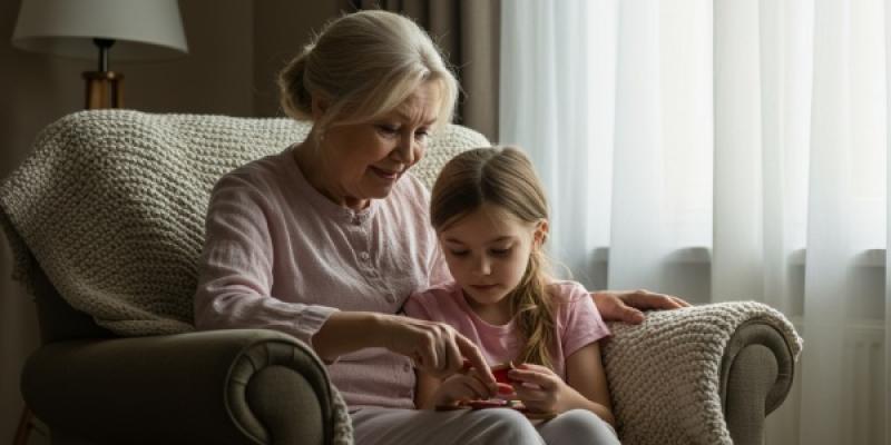 Niña con su abuela en el sofá de casa