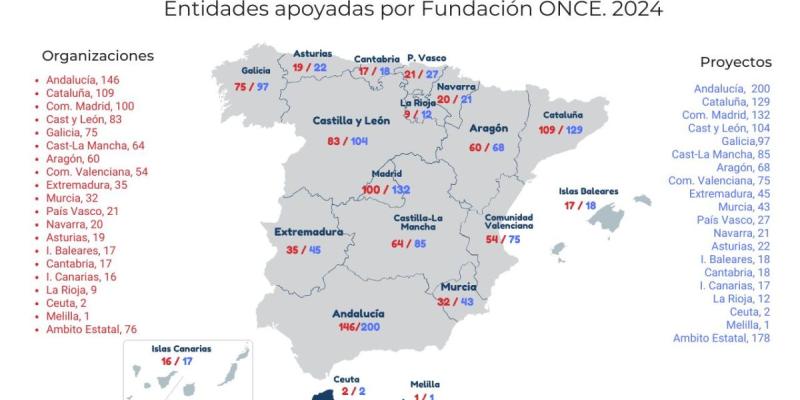 Imagen de un mapa autonómico en el que se ve el número de entidades beneficiadas y de proyectos puestos en marcha en cada región