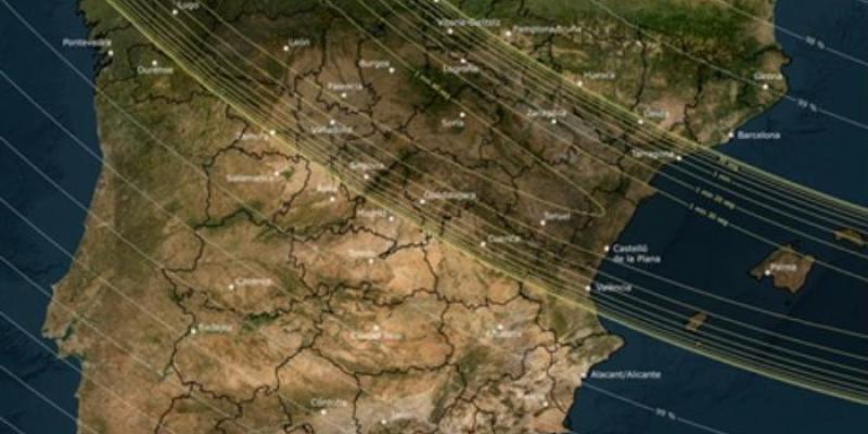 Franja de la península y Baleares donde se verá el eclipse total de Sol el próximo 12 de agosto 