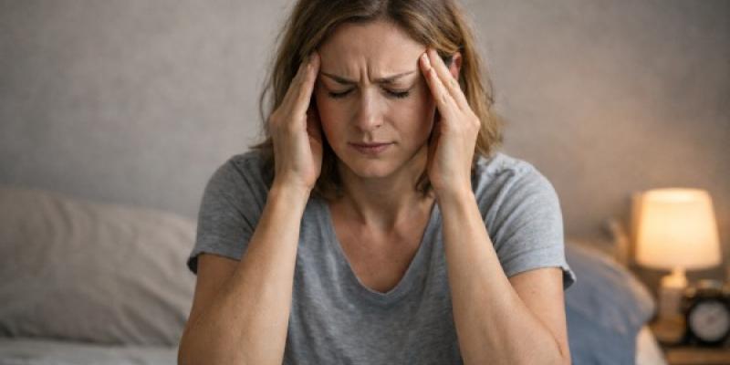 Mujer tocándose la cabeza sufriendo una migraña