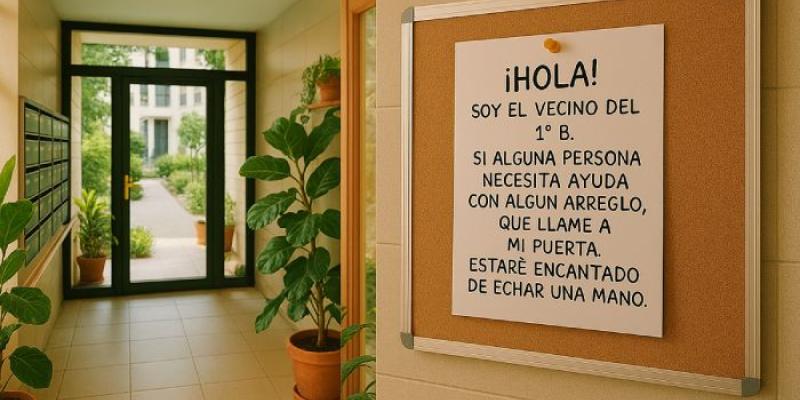 Cartel ofreciendo ayuda en el interior del portal de una comunidad 