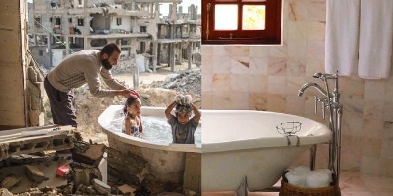 En una mitad de la imagen aparecen niños en una bañera rodeados de escombros y en la otra un baño reformado