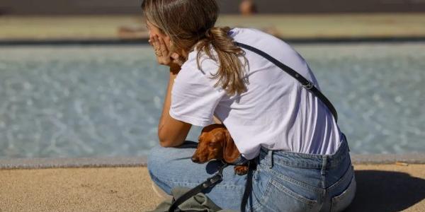 Foto de una chica que descansa sentada con su mascota en su regazo