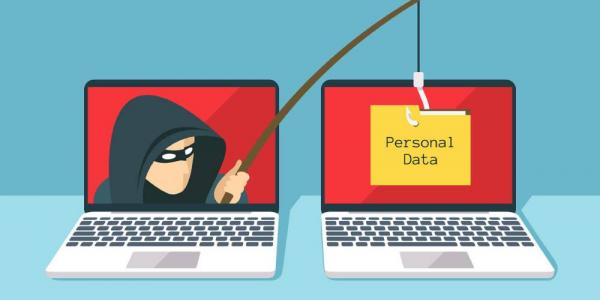 Infografía sobre el phishing que muestra un ciber estafador con un ordenador