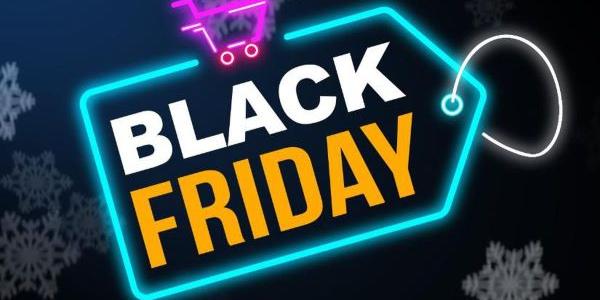 Fondo azul con letras negras que ocupan toda la imagen, donde se indica Black Friday 