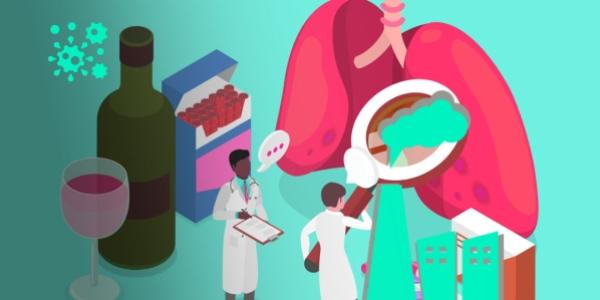 Infografía sobre el cáncer, dibujo de un pulmón y botellas de alcohol con tabaco