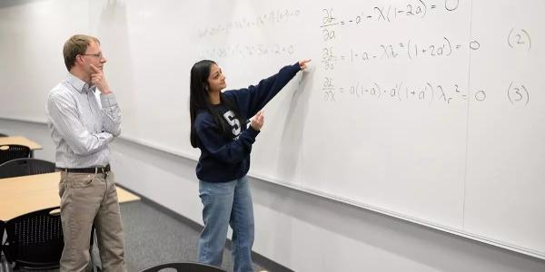 Divya Tyagi muestra su trabajo sobre un problema matemático de hace un siglo a Sven Schmitz, miembro de la facultad de la Facultad de Ingeniería y asesor de Tyagi. 