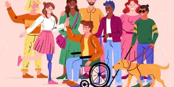 Infografía de un grupo de personas con distintas capacidades, todos felices