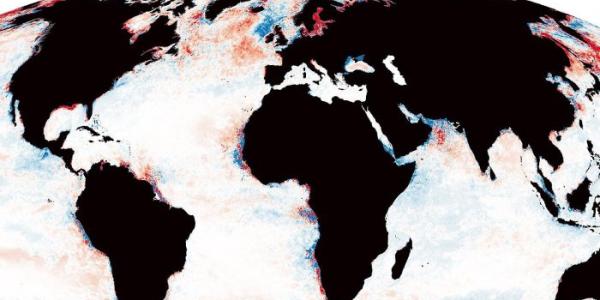 Mapa que muestra el oscurecimiento de la zona fótica del océano con áreas rojas y el aclaramiento con color azul 
