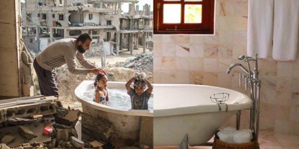 En una mitad de la imagen aparecen niños en una bañera rodeados de escombros y en la otra un baño reformado