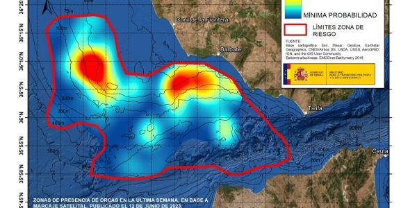 Mapa de zonas de presencia de orcas entre los pasados 5 y 11 de junio de este año, gracias al marcaje satelital