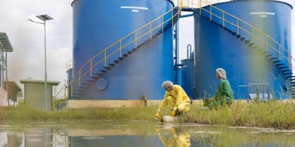 Personal de control de calidad del agua y científicos que usan EPP que trabajan en el agua de muestra y analizan la calidad, la industria y el medio ambiente. i
