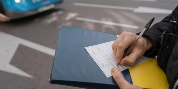 Un agente interpone una sanción económica a un conductor de autobús en Madrid.