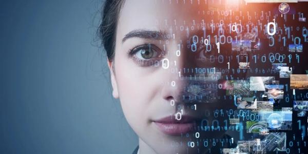 Concepto de inteligencia artificial representado por el retrato de una mujer