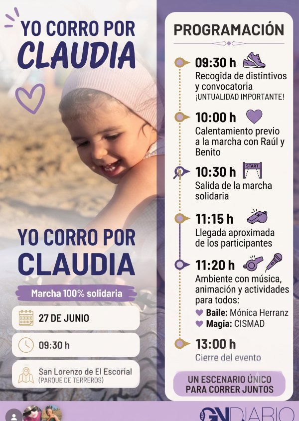 Programación Corre por Claudia

09:30 h – Convocatoria y recogida de distintivos: Se abrirá el recinto para que los participantes recojan sus dorsales y elementos identificativos. Desde la organización se hace hincapié en la importancia de la puntualidad para evitar aglomeraciones.

10:00 h – Calentamiento previo: Para preparar las piernas y animar el ambiente antes del esfuerzo, los asistentes disfrutarán de un calentamiento conjunto amenizado por Raúl y Benito.

10:30 h – Salida oficial: Silbato de inicio para la marcha solidaria por el circuito histórico.

11:15 h – Llegada a meta: Hora aproximada en la que los primeros participantes completarán el recorrido.

11:20 h – Fiesta solidaria y animación: Al cruzar la meta, la jornada se transformará en una gran fiesta familiar con música y actividades para todos los públicos. El programa contará con una exhibición de baile de la mano de Mónica Herranz y un espectáculo de magia a cargo de CISMAD.

13:00 h – Cierre del evento: Clausura oficial de una jornada que promete marcar un antes y un después en la recaudación para la asociación.