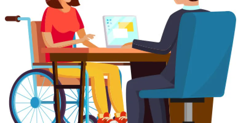 Cuota de reserva // Imagen persona usuaria de silla de ruedas en una entrevista de trabajo