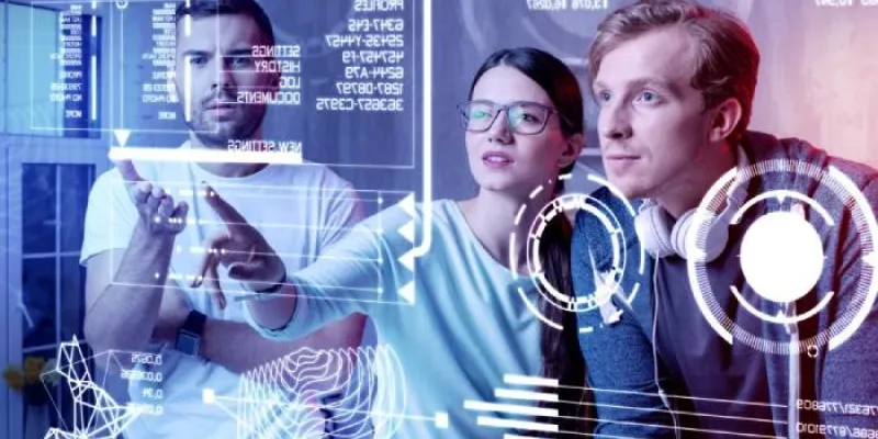 Varios jóvenes examinan datos en una pantalla panorámica 