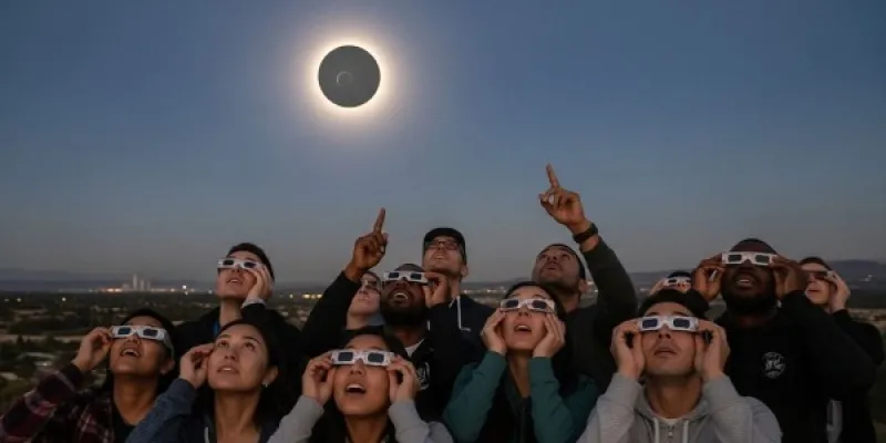 Un grupo de jóvenes contemplando un eclipse solar