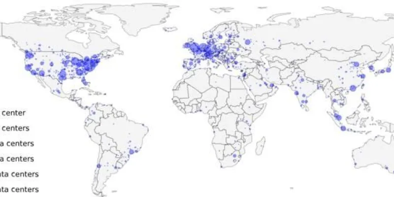 Mapa con la ubicación de los centros de datos en todo el mundo y el tamaño de las burbujas refleja la proximidad entre ellos