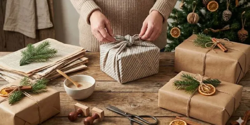 mujer envolviendo regalos sin plástico