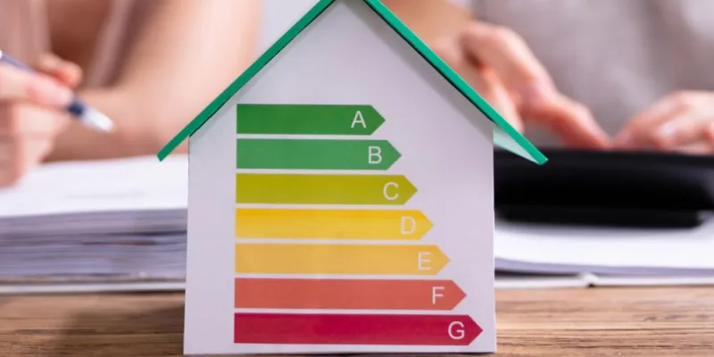 Casita de madera con las etiquetas de consumo energético