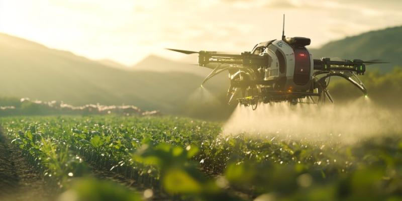 Un dron realiza labores de fumigación 
