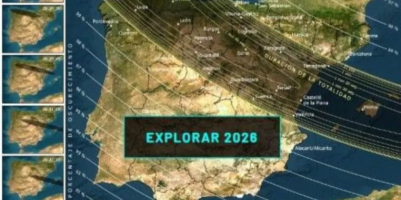 Mapa de España con la franja oscura desde donde será visible el eclipse