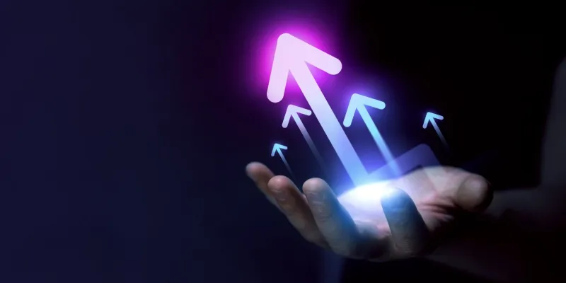 Mano de una persona generada por inteligencia artificial sujetando una flecha hacia arriba
