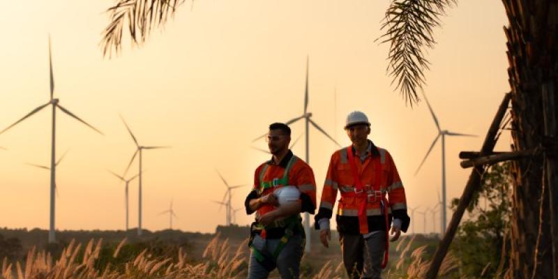 Los ingenieros que trabajan en parques eólicos para energía renovable son responsables del mantenimiento de las grandes turbinas eólicas. Al regresar del trabajo mientras el sol de la tarde ilumina con una hermosa luz dorada a ambos