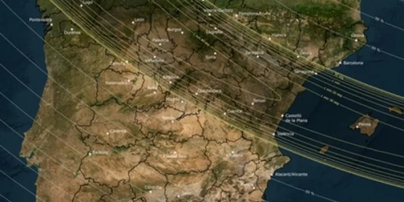 Franja de la península y Baleares donde se verá el eclipse total de Sol el próximo 12 de agosto 