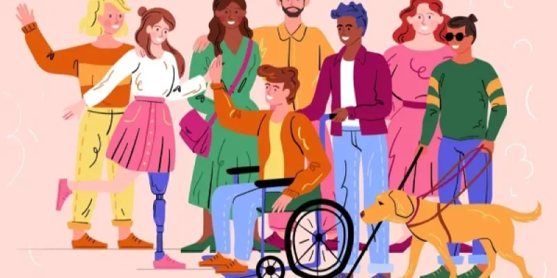 Infografía de un grupo de personas con distintas capacidades, todos felices