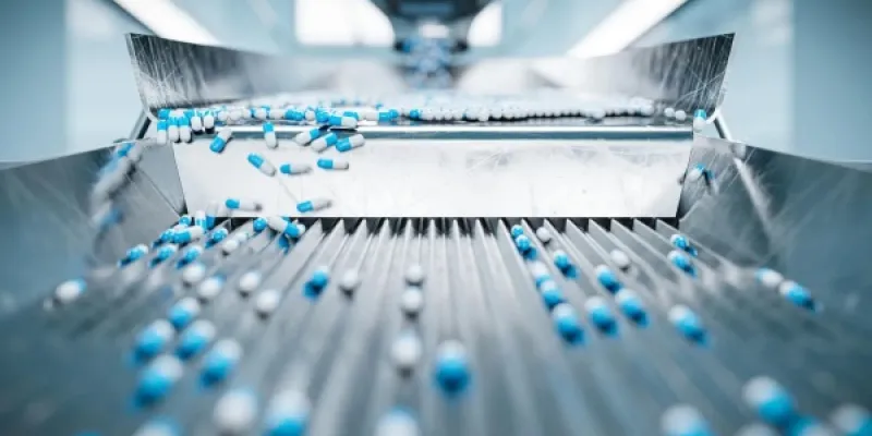 Clasificación de cápsulas farmacéuticas mediante una máquina clasificadora en una línea de producción. 