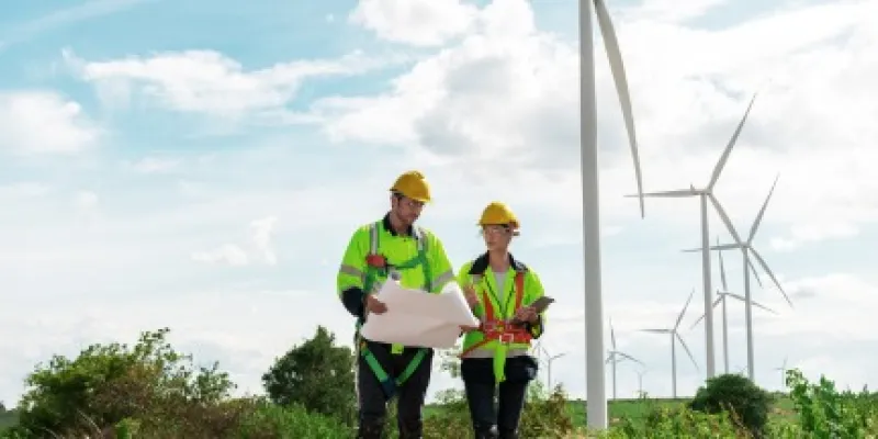 Dos trabajadores frente a un molino de viento