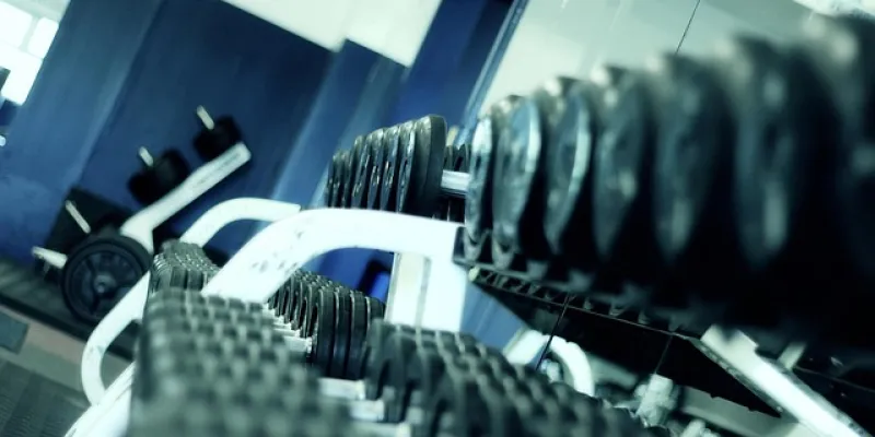 Filas de mancuernas en un soporte de gimnasio para fitness y fuerza.