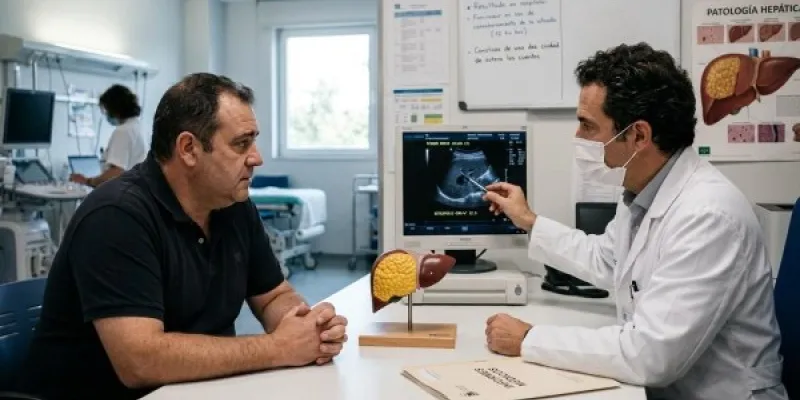 Un paciente habla con su hepatólogo en la consulta