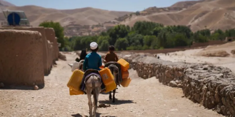 Niños viajan en burros tras recoger agua en Afganistán 