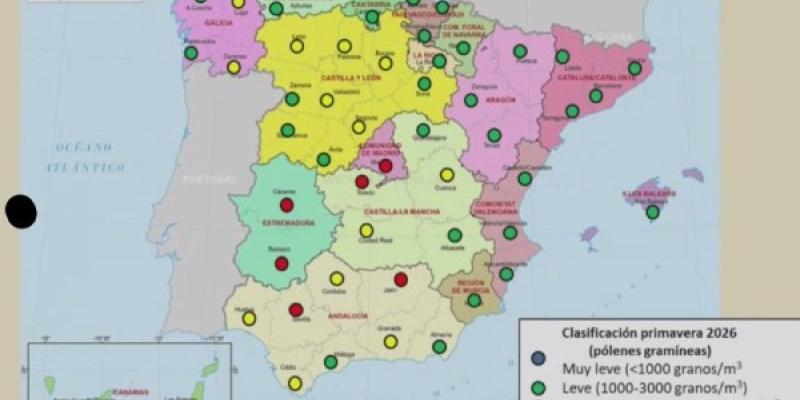 Mapa de la previsión y afección de la alergia al polen en España