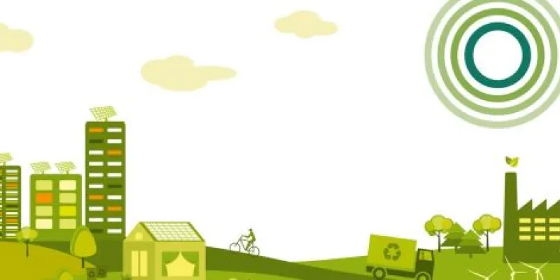 Infografía de una ciudad en la que se ve una industria y se destaca la energía del sol a la derecha 