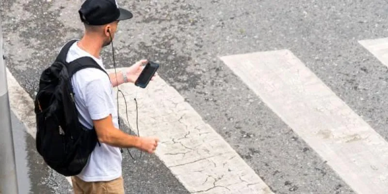 Chico mirando su teléfono antes de cruzar por un paso de peatones