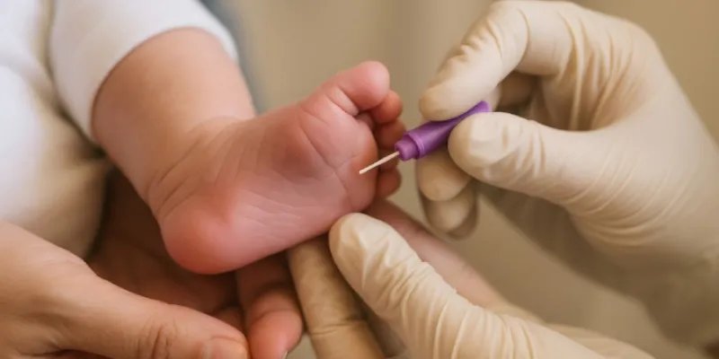 Un sanitario le hace la prueba del talón a un bebé 