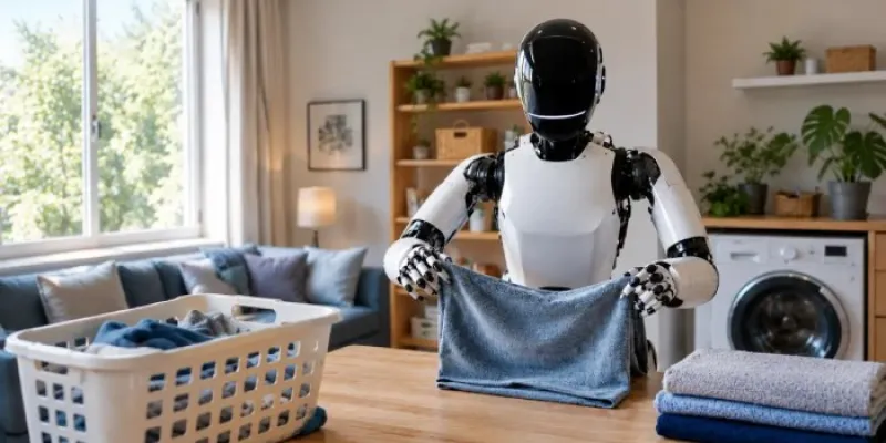 Robot humanoide doblando toallas en casa 