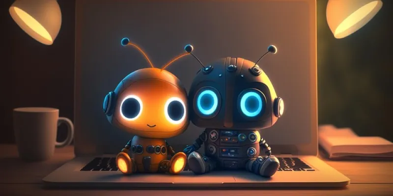 Imagen de dos robots pequeñitos sobre un portátil