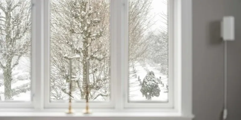 Ventana de una casa con vistas a un paisaje nevado