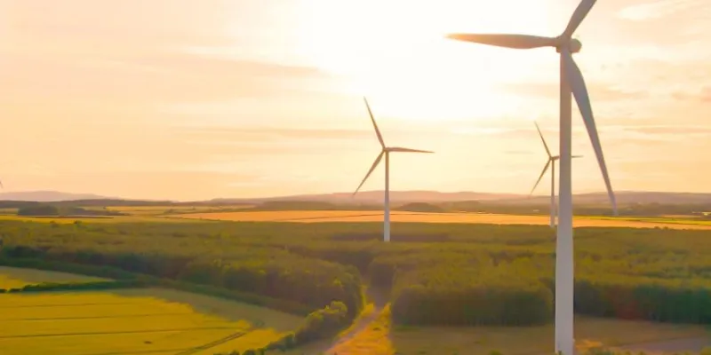 Imagen de un campo con molinos de viento