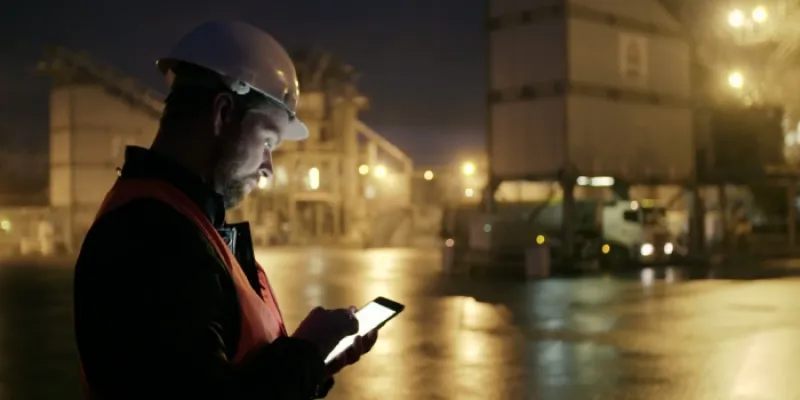 Ingeniero supervisa de noche la carga de un camión 