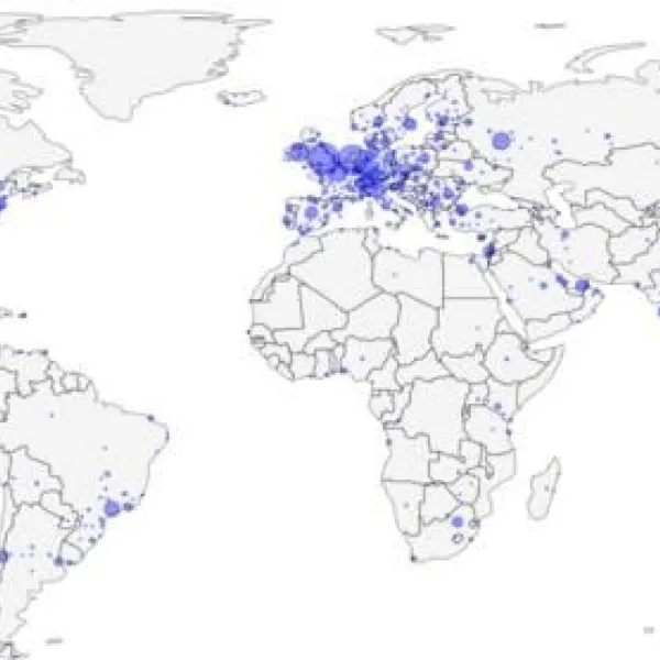 Mapa con la ubicación de los centros de datos en todo el mundo y el tamaño de las burbujas refleja la proximidad entre ellos
