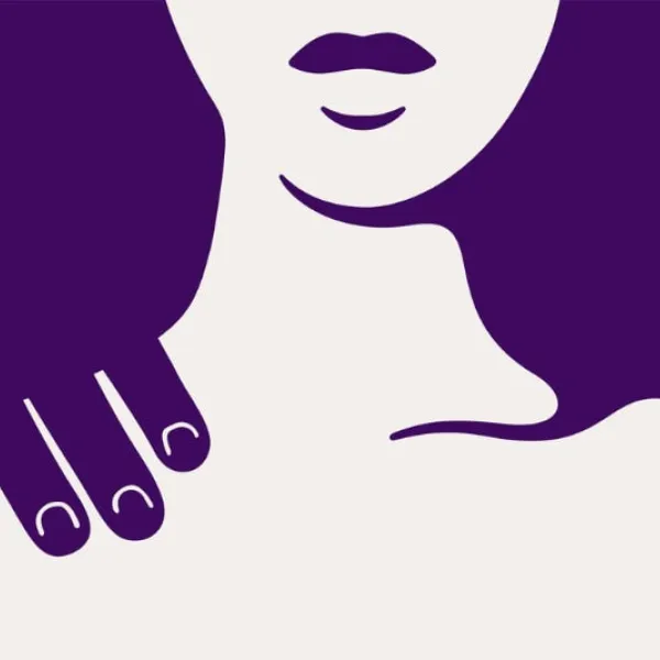 Infografía de la silueta de una mujer en blanco con el fondo morado y una mano sobre su hombro
